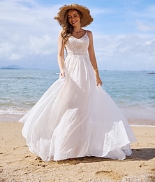 preiswerte -Strand Offene Rückseite Boho Hochzeitskleider A-Linie V-Ausschnitt Spaghetti-Träger Ärmellos Sweep  Pinsel Zug Chiffon Brautkleider mit Quaste