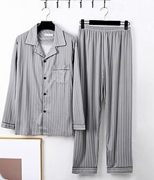 abordables -Hombre Pijama Conjunto pijama Top y pantalón de pijama 1 juego Raya Moda Elegante Clásico Hogar Diario Cama Poliéster Comodidad Suave Transpirable Diseño Manga Larga Camisa Pantalón Cintura elástica