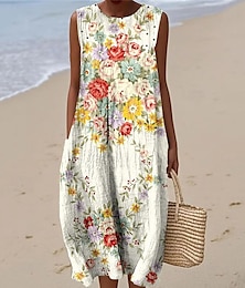 abordables -Femmes Robe Midi Robe Décontractée Robe d'été Mode Moderne Quotidien Plage Week-end Coupe régulière Fleur Sans manches Col ras du cou Blanche Jaune Été