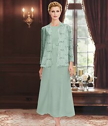 preiswerte -Paillettenspitze, zweiteiliges A-Linien-Kleid für die Brautmutter, elegant, schlicht, luxuriös, Chiffon, U-Boot-Ausschnitt, Midi-Länge, ärmellos, mit langärmliger Jacke 2025
