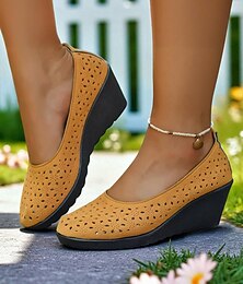 abordables -Zapatos de cuña amarillos sin cordones para mujer con diseño hueco: cómodos zapatos planos diarios para paseos de verano, picnics al aire libre y fiestas en el jardín.
