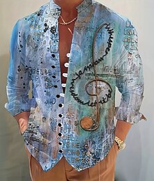お買い得  -男性用 ボードマスターズ 音符 シャツ スタンドカラーシャツ 長袖 ヴィンテージレトロ バケーション デイリーウェア お出かけ 春 秋 スタンドカラー Band Collar ボタンダウン リネンライクシャツ ブルー