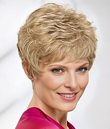 ieftine -perucă șoaptă perucă scurtă clasică cu volum fabulos și straturi ciufulite/nuanțe multi-tonale de blond argintiu maro și roșu