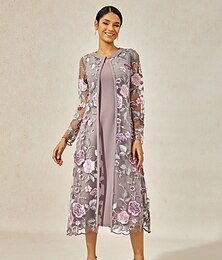 economico -Linea ad A Abito da cerimonia per signora Formale Elegante Staccabile Girocollo Lunghezza Tè Chiffon Pizzo Manica Lunga con Pizzo Volant 2025