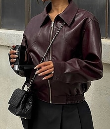 abordables -Mujer Chaqueta de cuero sintético Cómodo Cremallera Moda Plano Festivos Fin de semana Cremallera Regular Cuello Vuelto Ajuste regular Manga Larga Ropa de calle Vino Otoño Invierno