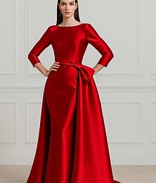 voordelige -A-lijn Tot de grond Avondjurken Baljurk met overrok Formele kleding Elegant 3/4 mouw Strakke ronde hals Formeel Bruiloft Stretchsatijn met Plooien