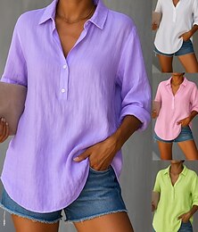 abordables -Femmes Blouse en Coton Blanc Couleur Unie Basique Occasionnel manche longue Col de chemise Hauts Réguliers Quotidien Boutons Blanche Rose Claire Violet Vert Été