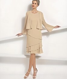 abordables -Robe à deux pièces veste A-Line mère de la mariée robe élégante simple luxueuse col rond longueur genou chiffon sans manches manches longues avec volants en cascade