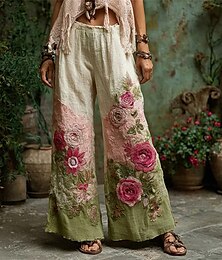baratos -Mulheres Perna larga Calças Calça Palazzo Vintage Boho Comprimento total Cintura Alta Flor Cintura elástica Estampado Respirabilidade Confortável Rua Roupa Diária Para Noite Verde Primavera Outono