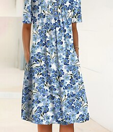 abordables -Femmes Robe Midi Robe fourreau Robe d'été Vacances Occasionnel Quotidien Coupe régulière Fleuri Graphique Demi Manches Col ras du cou Rouge Bleu Bleu de minuit Été Printemps