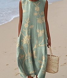 abordables -Femmes Robe Midi Robe d'Été Robe fourreau Robe trapèze Vacances Occasionnel Boho Soirée Sortir Plage Coupe Ample Fleuri Graphique Sans manches Col Rond Jaune clair Vert foncé Gris vert Rouge orangé