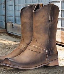levne -Pánské hnědé kovbojské boty z imitace kůže ve westernovém stylu – vintage styl nazouvání pro práci na farmě, country festivaly a večírky s westernovou tematikou