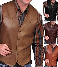 preiswerte -Herren Lederweste Freizeitskleidung Urlaub Ausgehen Vintage Modisch Frühling & Herbst Taste Kunstleder Komfortabel Glatt Einreihiger Verschluss V Ausschnitt Regular Fit Rot Braun Weste