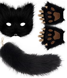 economico -Set di maschere di volpe pelose con guanti e coda – accessori cosplay fatti a mano, maschera di animale, coda e guanti per Halloween, feste e giochi di ruolo