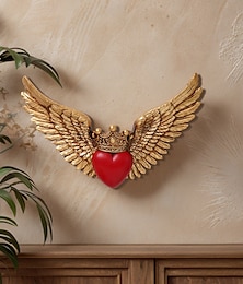 abordables -Decoración de pared de resina con diseño de corona, corazón rojo y alas, adorno colgante de resina ABS hecho a mano para sala de estar, estudio, tienda, fiesta y decoraciones de celebración navideña.