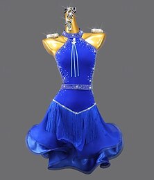 economico -Vestito da ballo latino per salsa, con nappa, da donna, per spettacoli di salsa, senza maniche, per rumba e feste.