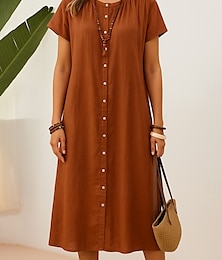 abordables -Robe midi en coton pour femme, robe d'été décontractée, coupe classique, unie, manches courtes, col ras du cou, noir, marron, abricot, été