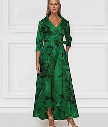 levne -Zelené žakárové brokátové A-Line večerní šaty Elegantní šaty Formální svatební host Podlahová délka Dlouhý rukáv V výstřih Pocket Nylon s mašlí/závěsem