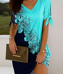 abordables -Femmes Mini Robe Robe Décontractée Robe T-Shirt Robe d'été Élégant Vacances ancien Épaules dénudées Coupe régulière A Ombre Fleuri Graphique Manche Courte Col en V Rose Claire Rouge Bleu Violet Ét