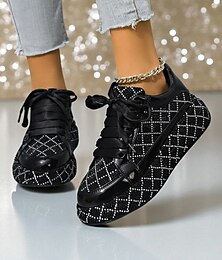 levne -Dámské tenisky s prošívanými kamínky - černo-stříbrné šněrovací párty boty na noční život, do klubů a do moderního streetwearu