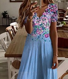 ieftine -Pentru femei Rochie Mini Rochii Tricou Rochie de Vară Rochie de vară Casual Zilnic Fit regulat Floral Grafic Manșon scurt În V Alb Verde Deschis Albastru piscină Trifoi Vară Primăvară