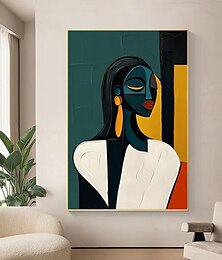 お買い得  -大胆な色彩のコントラストで手描きされた手作りのモダンな抽象肖像画 - 現代的なインテリアのアクセント画のためのコバルトゴールドの幾何学的な油絵の女性像