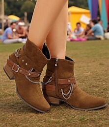abordables -Botines de ante marrón para mujer con detalle de cadena y cinturón: botines de tacón grueso de estilo western de moda para uso informal y salidas de otoño.