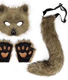baratos -Conjunto de máscara de raposa realista com luvas e cauda de raposa peluda - acessórios de cosplay de animais feitos à mão, conjunto de fantasia de raposa para Halloween, festa e apresentação de palco