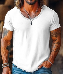 baratos -Homens T-shirt Camiseta de linho Manga Curta Gola Redonda Verão Tecido Moda Designer Básico Macia Borda Crua Férias Rua Casual Branco Preto Rosa Top Tee para Homens