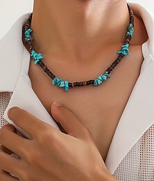abordables -Collar de cuentas de piedra natural para hombre con detalles en turquesa: joyería de estilo bohemio playero para atuendos casuales, festivales y vacaciones de verano.