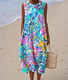 abordables -Femmes Robe Midi Robe Décontractée Robe d'été Mode Moderne Quotidien Plage Week-end Coupe régulière Fleur Sans manches Col ras du cou Bleu Été Printemps