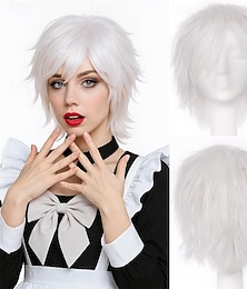 baratos -Perucas curtas de cosplay de anime, festa de Halloween, perucas de cosplay em camadas espetadas, cabelo curto sintético para homens &estilo feminino branco