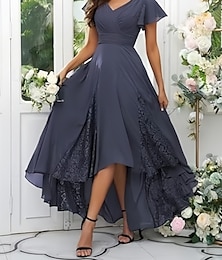 economico -Linea ad A Abiti per invitati a matrimoni Elegante Vestito Ospite di nozze Fidanzamento Asimmetrico Manica Corta Scollo a V Chiffon con Incrociato Arricciato 2025