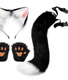 baratos -Conjunto de faixas de cabeça com orelhas de gato e luvas com patas de gato feitas à mão – acessórios de cosplay realistas, orelhas de animais, luvas sem dedos para Halloween, festa e performance