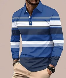 رخيصةأون -رجالي شرائط أفقية بولو ستايل كم طويل قمصان البولو قميص بياقة عمل يومي عمل ملابس الرياضة مناسب للبس اليومي طباعة ثلاثية الأبعاد Buttons الربيع الخريف الشتاء أزرق