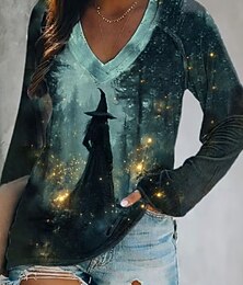 abordables -T-shirt Femme Halloween Graphique Sorcière Col V Manches Longues Décontracté Élégant Vintage Élégant Tops Classiques Quotidien Sortie Imprimé Noir et Gris Vert Sauge Blanc Bleu Orange Printemps