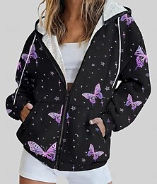 お買い得  -女性用 ジップアップパーカー グラフィック バタフライ ファッション カジュアル 長袖 フード付き レギュラートップス ストリート 日常着 ジッパー ポケット プリント パープル 春 秋