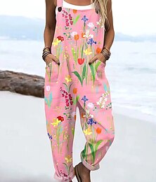 abordables -Mujer Mono Activo Floral Sin Mangas Pantalones Harén Correa Vacaciones Calle Holgado Rosa Azul Piscina Morado Verano