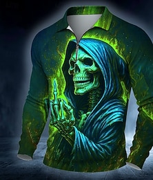 abordables -Jour des Morts Homme Crâne Crânes Polo manche longue Polos Occasionnel Sombre Extérieur Rue Tenue quotidienne Impression 3D Polo à fermeture éclair 1/4 Printemps Automne Hiver Rouge Orange Vert