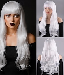 economico -parrucca lunga riccia bianco-argento per donna – fibra ad alta temperatura, frangia piena, calotta completa, ideale per cosplay, Halloween e look alla moda