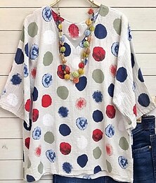economico -Per donna Blusa Grafico Geometrico A Pois Vintage Elegante Classico Manica 3/4 Scollo a V Top Regolari Quotidiano Bianco Estate Primavera Autunno