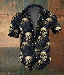お買い得  -男性用クロスコスチュームスカルシャツ夏シャツボタンアップシャツショートスリーブダークゴシックスタイル屋外バケーションデイリーウェア夏春ターndダウン3Dプリント襟シャツ前面1ポケット