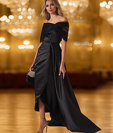 abordables -Vestido de noche elegante de sirena/trompeta con lazo negro, vestido formal negro para boda, cola larga/cepillo, sin mangas, hombros descubiertos, tul con pliegues 2025