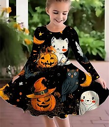 billiga -Halloween Flickor 3D Djur Pumpa Klänning Långärmad Sommar Vår Semester Dagligen Helgdag Prinsessa Skön Ljuv Barn 4-12 år Vardagsklänning A linjeklänning Knälång Normal