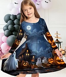 ieftine -Halloween Girls ' 3D Grafic Dovleac Fantomă Rochie Manșon Lung Vară Primăvară Vacanță Zilnic Concediu Prințesă Frumoasa Dulce Copii 4-12 ani Rochie casual Rochie A line Lungime Genunchi Fit regulat