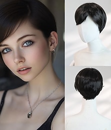 economico -parrucca nera dritta corta da 6 pollici per Halloween da donna – frangia piena, capelli sintetici resistenti al calore per costume &servizi fotografici