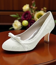 ieftine -Pantofi de damă cu toc mic din dantelă ivory și fundă – pantofi de mireasă vintage din anii 1920, cu model flapper, pentru mirese, evenimente formale și ceremonii în grădină