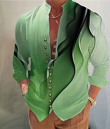 preiswerte -Herren Farbverlauf Wellen Hemd Stehkragenhemd Langarm Lässig Urlaub Alltagskleidung Ausgehen Frühling Herbst Mandarinkragen Stehkragen Button-Down Leinenähnliches Hemd Grün