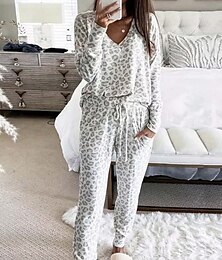 billige -Dame Pyjamas Sett Fritid Komfort Leopard Elastisk midje T skjorte Bukse Hjem Daglig Langermet V-hals Rosa Blå Grå Sommer Vår Høst Normal