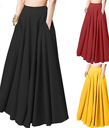billige -Dame الالتفاف Mote Maksi Mellomhøyt liv Skjørt عادي Flettet Lomme Mikroelastisk Feriereise Ut på byen Svart Gul Rød Sommer Polyester